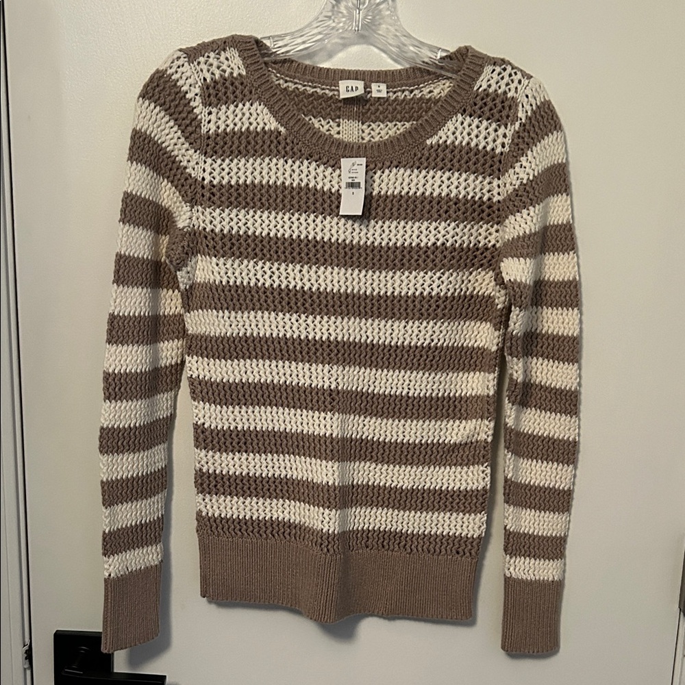 GAP Brown and Cream Striped Crew Neck Open Knit Sweater
